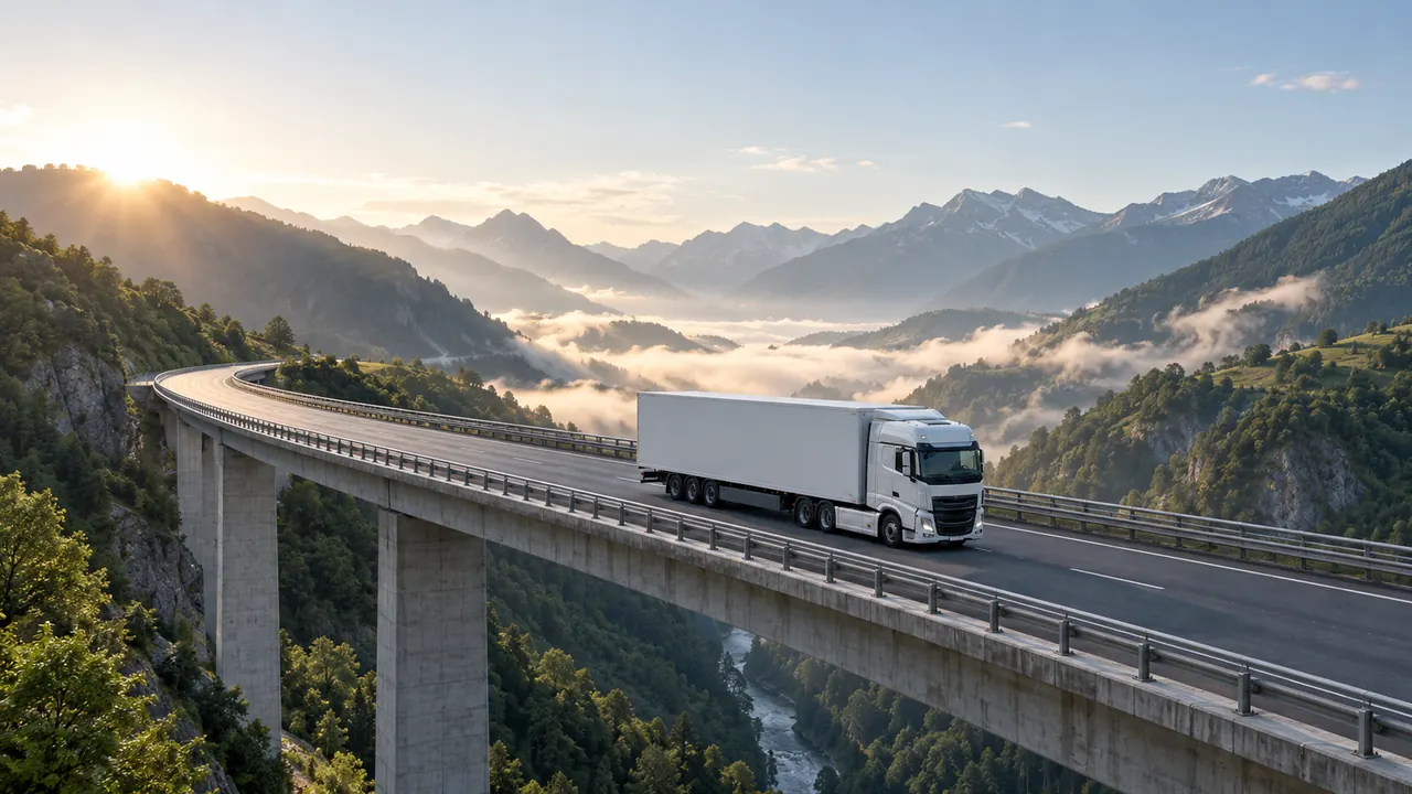 Camión articulado sin rótulos cruzando un viaducto entre montañas con niebla baja a primera hora.